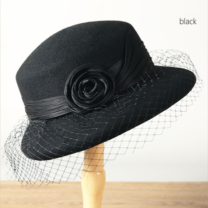 Wool Bowler Hat for Women - 100% Merino Wool with Rose & Veil Accent - OESLO