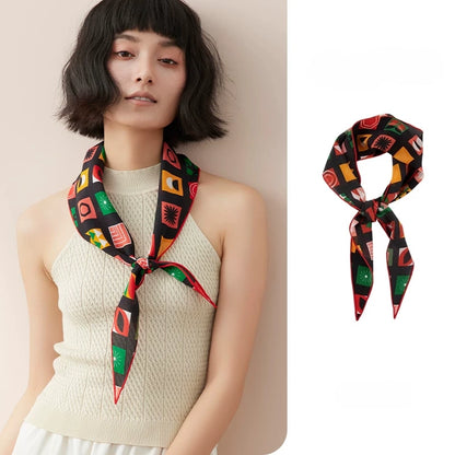 Geometric mulberry silk triangle scarf styled as a neck scarf, elegant vintage print accessory