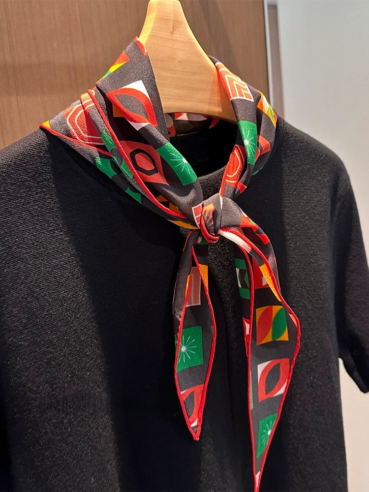 Geometric silk triangle scarf tied on sweater, vintage mulberry silk neck scarf styling