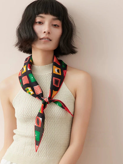 100% mulberry silk triangle scarf worn as a silk neck scarf, geometric retro styling
