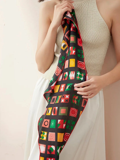Geometric mulberry silk scarf fully unfolded, triangle silk scarf fabric detail