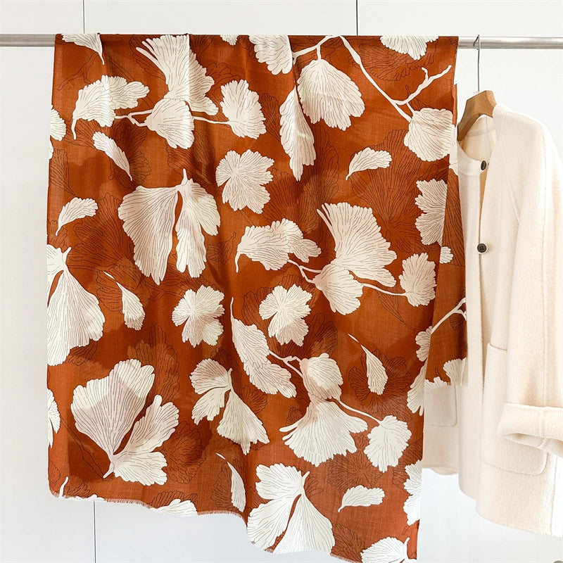 100% Water-Soluble Wool Scarf – Ginkgo Leaf Print