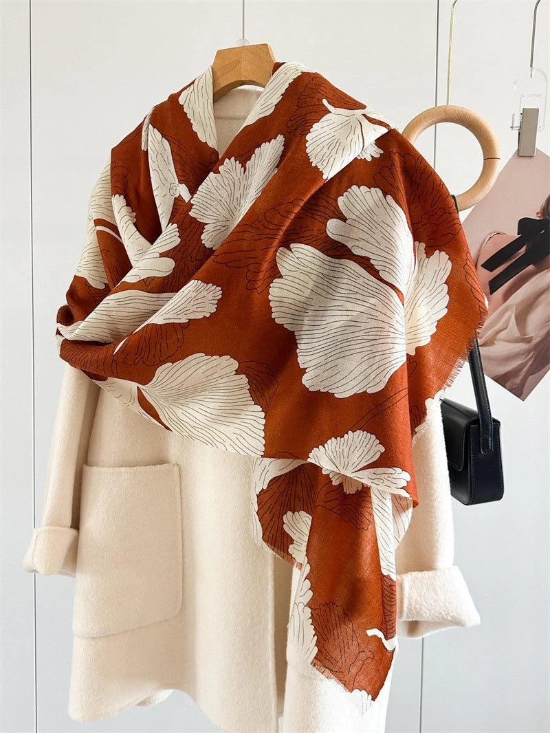 100% Water-Soluble Wool Scarf – Ginkgo Leaf Print