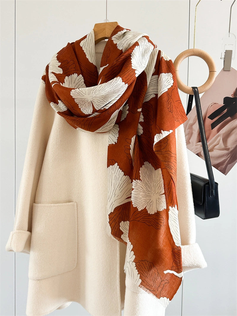 100% Water-Soluble Wool Scarf – Ginkgo Leaf Print