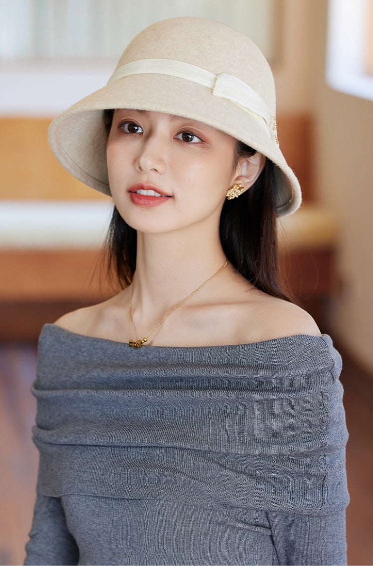 Wool Cloche Hat  – Vintage Style with Decorative Bow - AOA Fashion Accessories