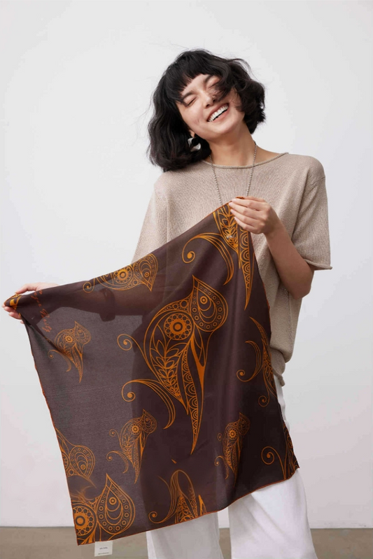 Silk Square Scarf - 65×65 cm Golden Bird Pattern - AOA Fashion Accessories