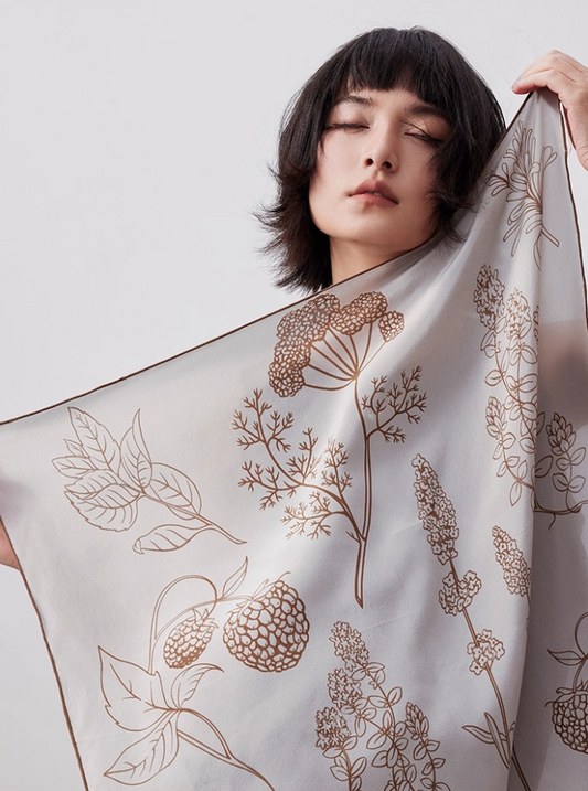 Botanical Print Silk Square Scarf - 65×65cm - AOA Fashion Accessories