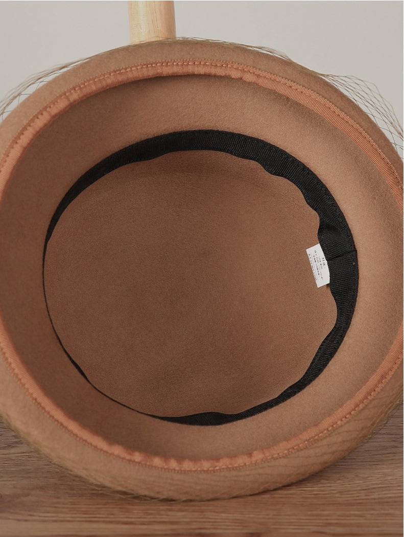 Wool Bowler Hat for Women - 100% Merino Wool with Rose & Veil Accent - AOA Fashion Accessories