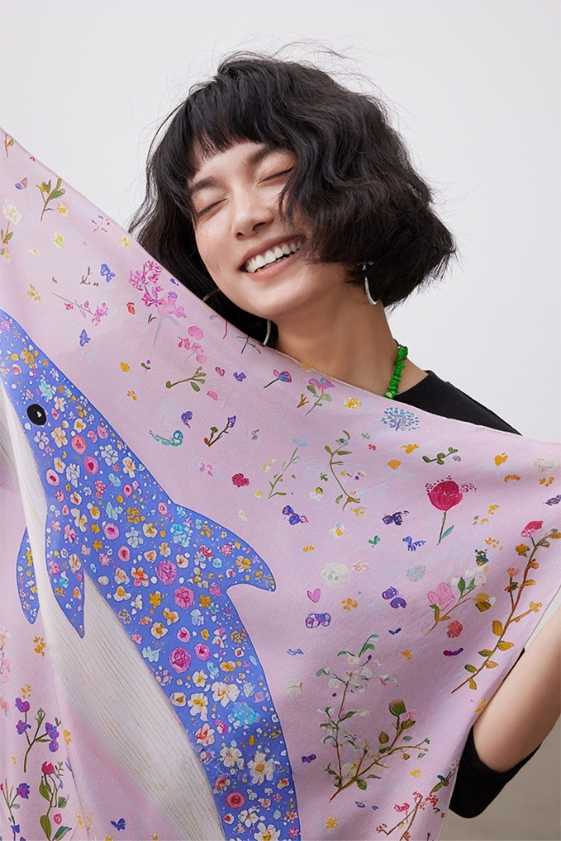 Floral Whale Print Pure Silk Square Scarf - AOA Fashion Accessories