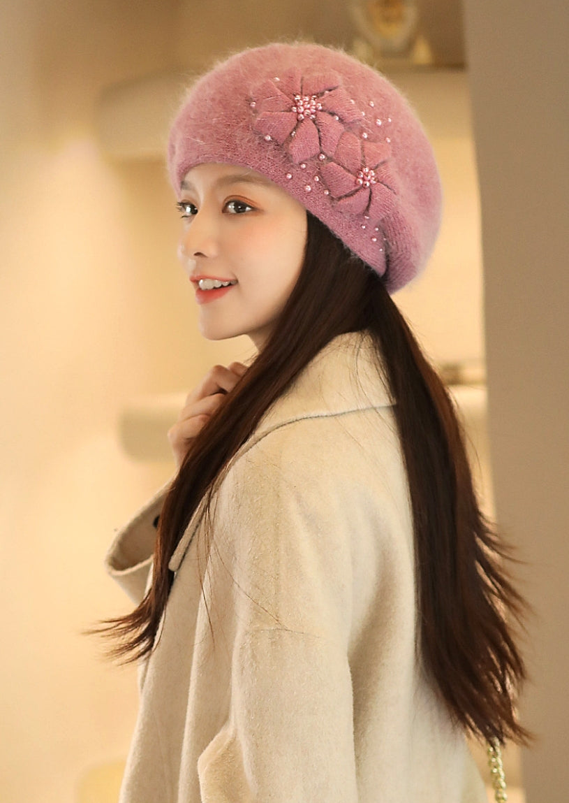 Women's Beret - With Floral Decoration and Beading - AOA Fashion Accessories
