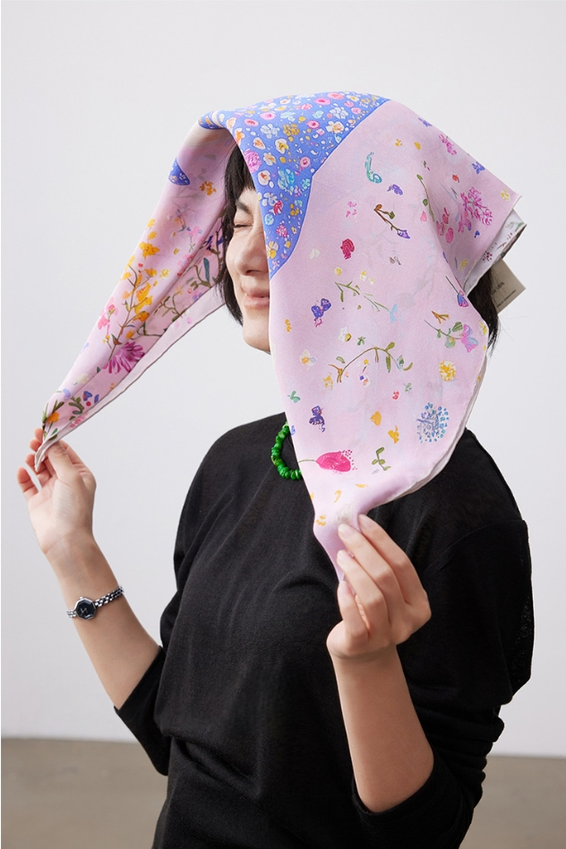 Floral Whale Print Pure Silk Square Scarf - AOA Fashion Accessories