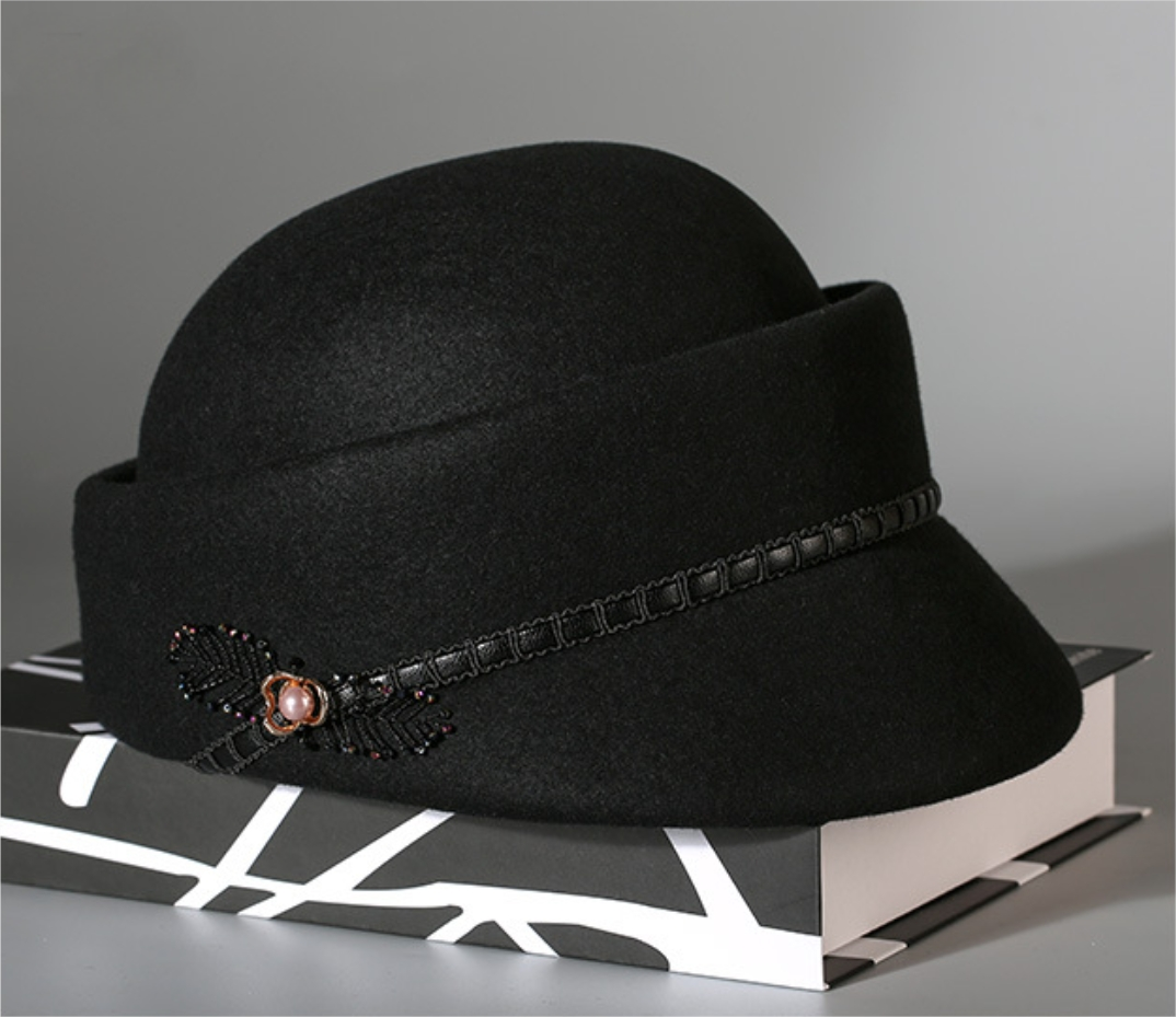 Womens Wool Cloche Hat - With Delicate Floral Decoration - AOA Fashion Accessories