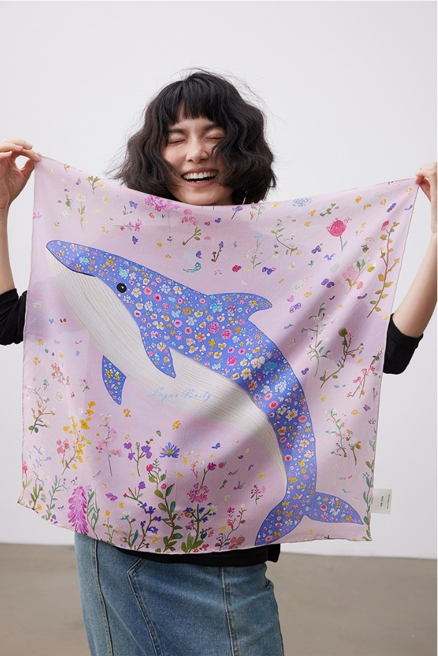 Floral Whale Print Pure Silk Square Scarf - AOA Fashion Accessories