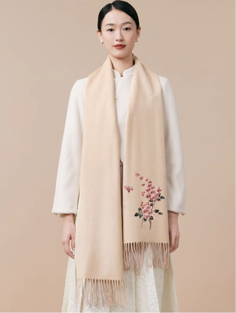 100% wool scarf for autumn and winter, Chinese style embroidered women's scarf, gift - AOA Fashion Accessories