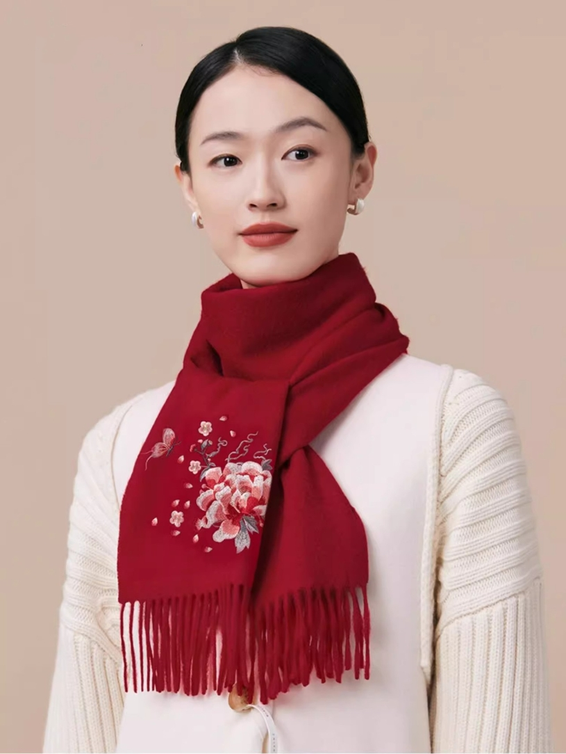 100% wool scarf for autumn and winter, Chinese style embroidered women's scarf, gift - AOA Fashion Accessories