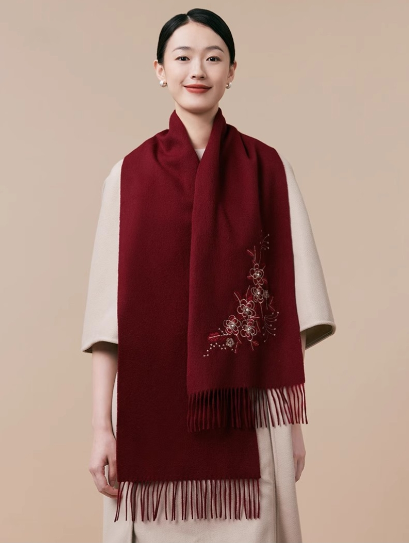 100% wool scarf for autumn and winter, Chinese style embroidered women's scarf, gift - AOA Fashion Accessories