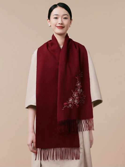 100% wool scarf for autumn and winter, Chinese style embroidered women's scarf, gift - AOA Fashion Accessories