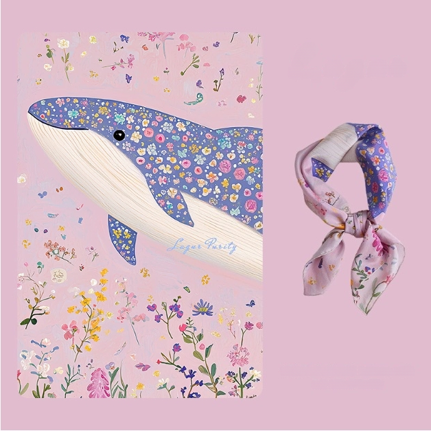 Floral Whale Print Pure Silk Square Scarf - AOA Fashion Accessories