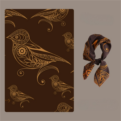 Silk Square Scarf - 65×65 cm Golden Bird Pattern - AOA Fashion Accessories