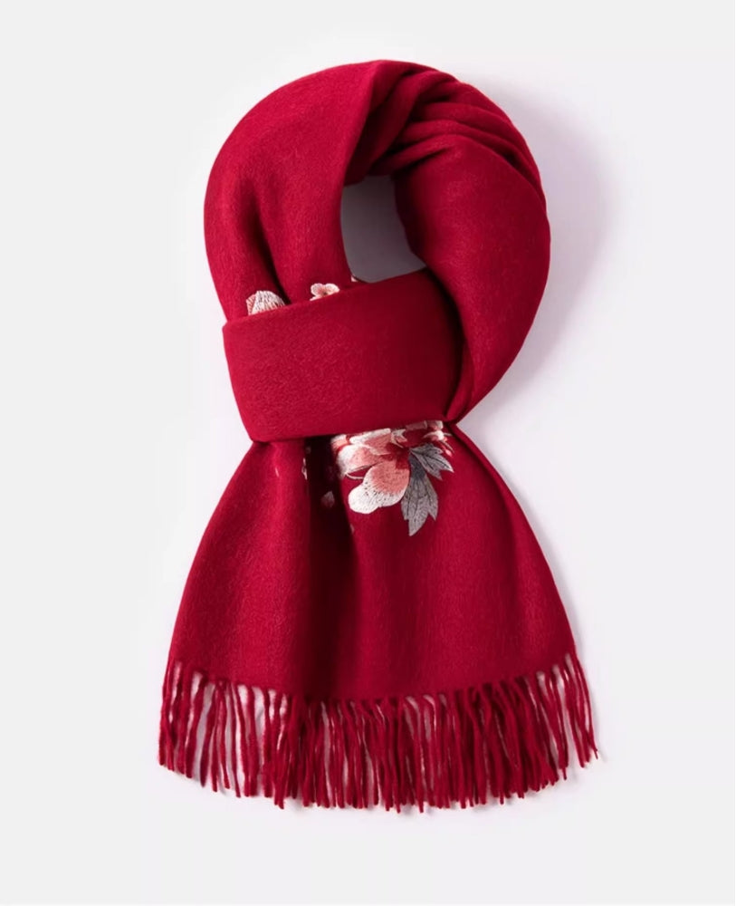 100% wool scarf for autumn and winter, Chinese style embroidered women's scarf, gift - AOA Fashion Accessories