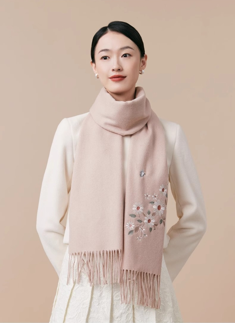 100% wool scarf for autumn and winter, Chinese style embroidered women's scarf, gift - AOA Fashion Accessories