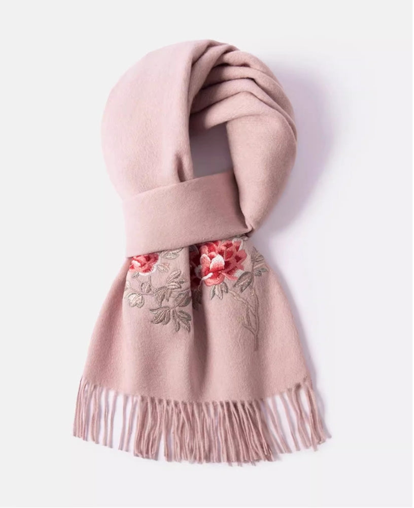 100% wool scarf for autumn and winter, Chinese style embroidered women's scarf, gift - AOA Fashion Accessories
