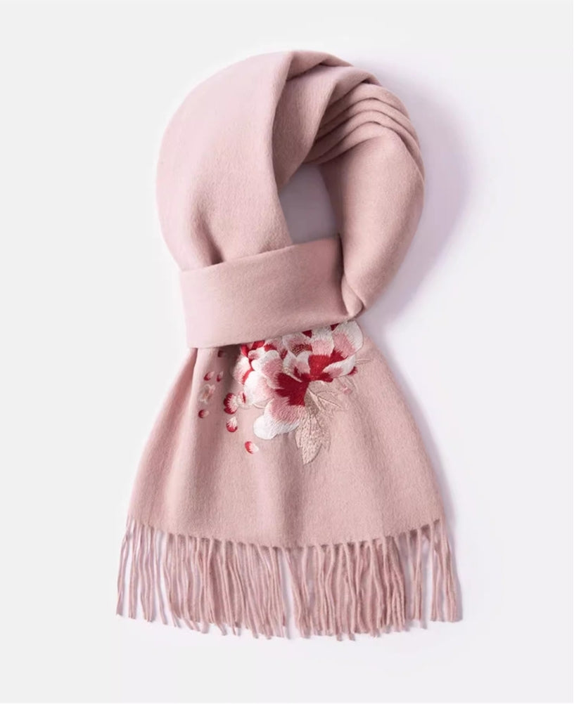 100% wool scarf for autumn and winter, Chinese style embroidered women's scarf, gift - AOA Fashion Accessories