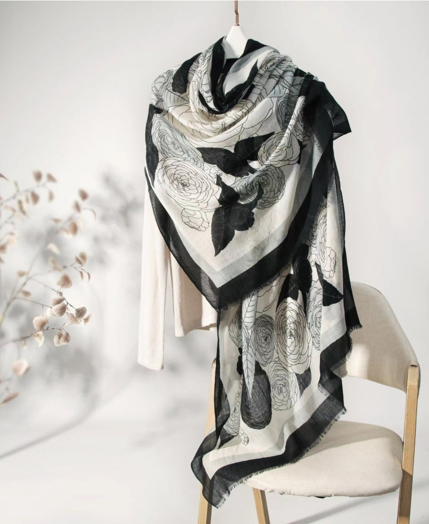 Large Wool Scarf - Camellia Floral Print - OESLO