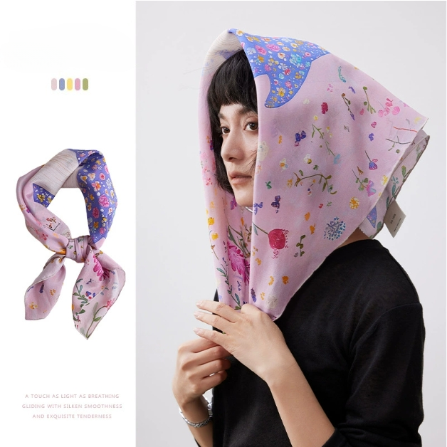 Floral Whale Print Pure Silk Square Scarf - AOA Fashion Accessories