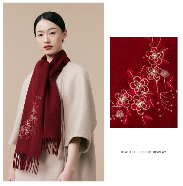 100% wool scarf for autumn and winter, Chinese style embroidered women's scarf, gift - AOA Fashion Accessories