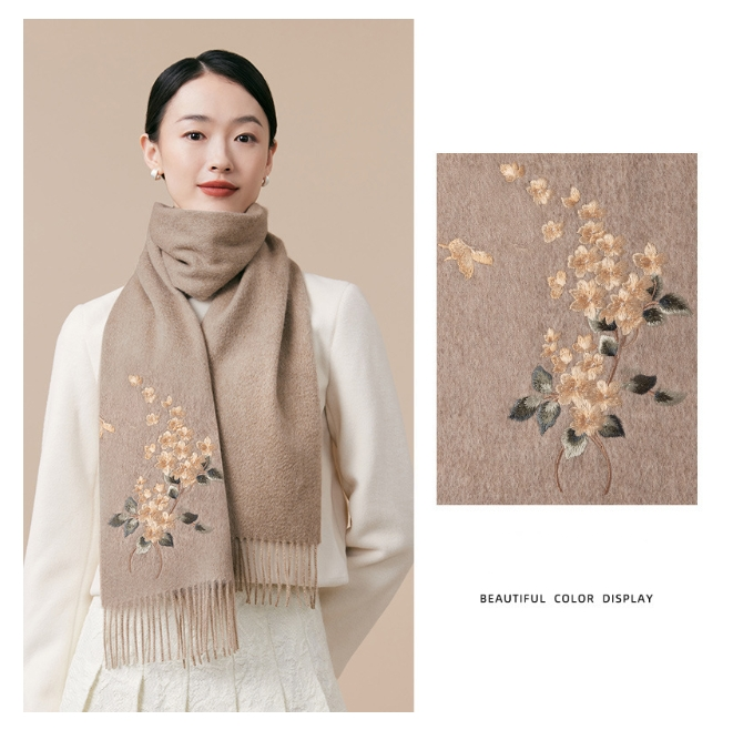 100% wool scarf for autumn and winter, Chinese style embroidered women's scarf, gift - AOA Fashion Accessories