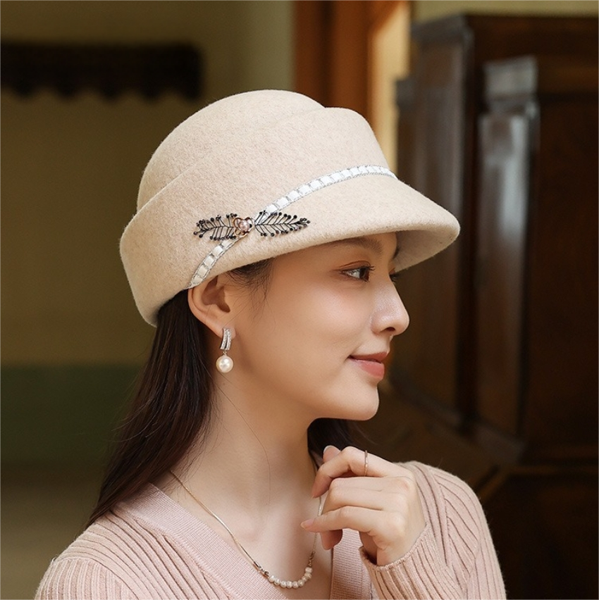 Womens Wool Cloche Hat - With Delicate Floral Decoration - AOA Fashion Accessories