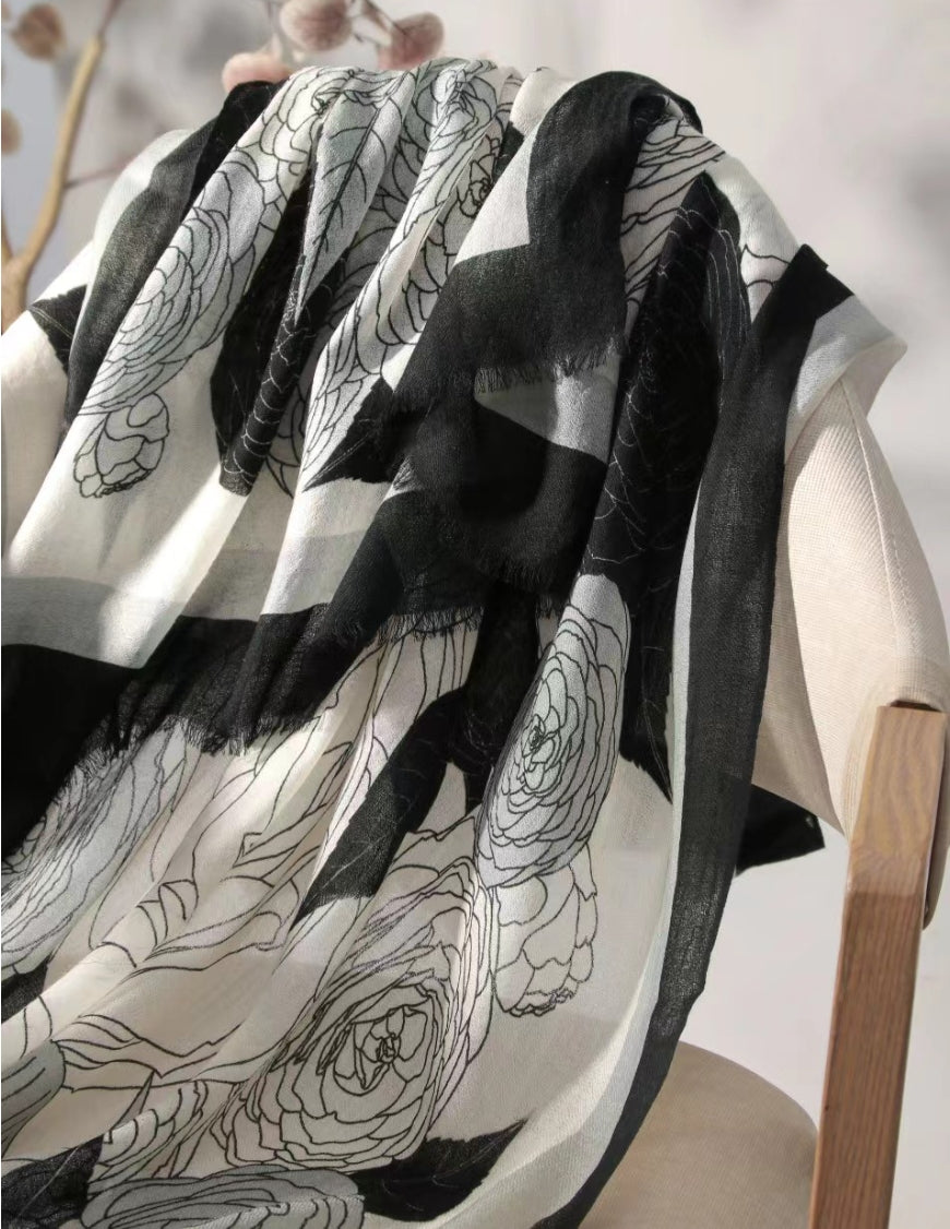 Large Wool Scarf - Camellia Floral Print - OESLO