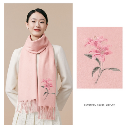 100% wool scarf for autumn and winter, Chinese style embroidered women's scarf, gift - AOA Fashion Accessories