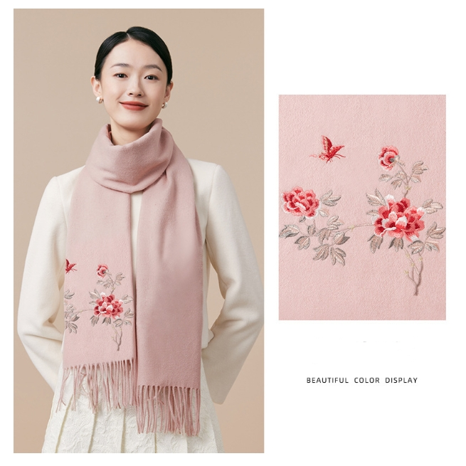 100% wool scarf for autumn and winter, Chinese style embroidered women's scarf, gift - AOA Fashion Accessories