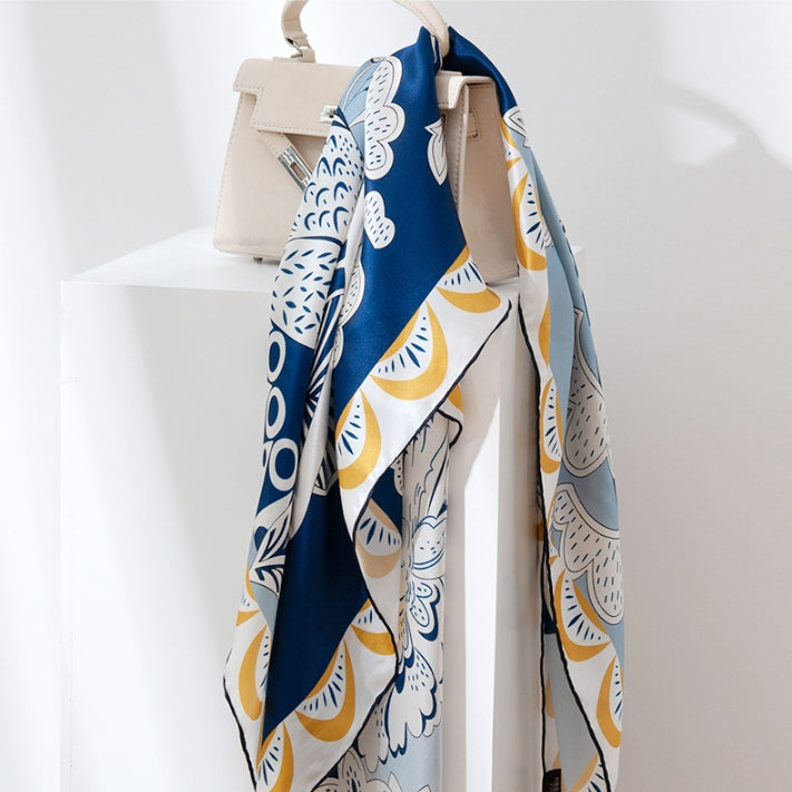 Silk Square Scarf– Blue Botanical Bird Print Scarves - AOA Fashion Accessories
