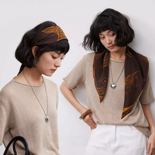 Silk Square Scarf - 65×65 cm Golden Bird Pattern - AOA Fashion Accessories