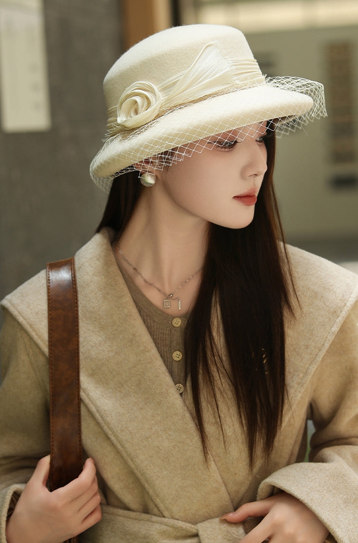 Wool Bowler Hat for Women - 100% Merino Wool with Rose & Veil Accent - AOA Fashion Accessories