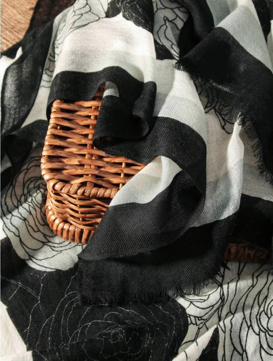 Large Wool Scarf - Camellia Floral Print - OESLO