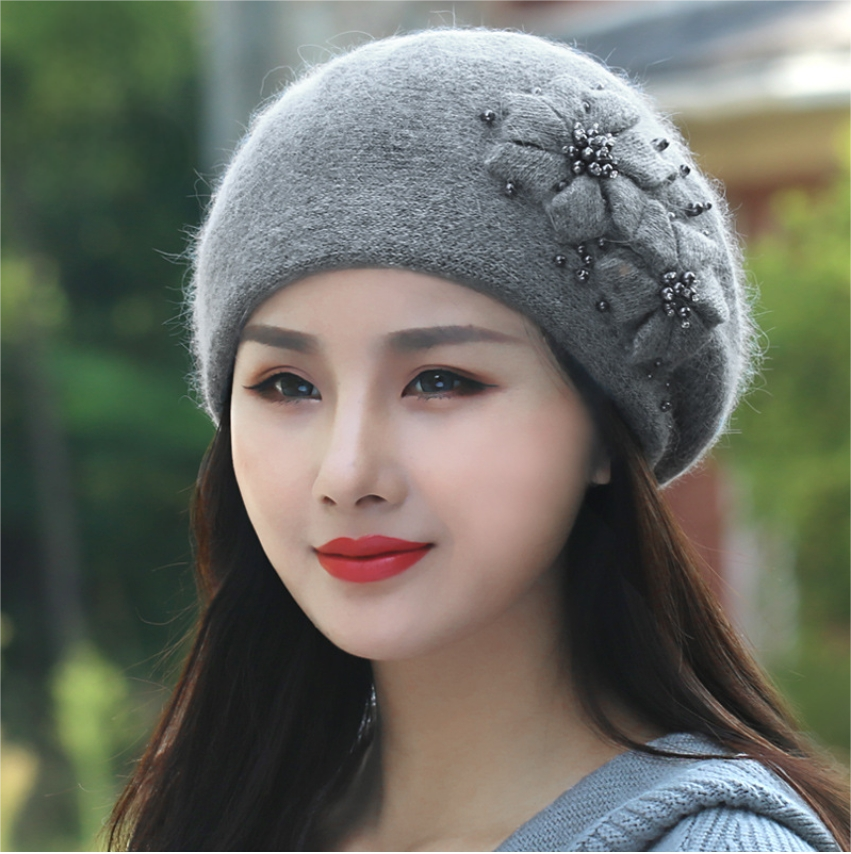 Women's Beret - With Floral Decoration and Beading - AOA Fashion Accessories