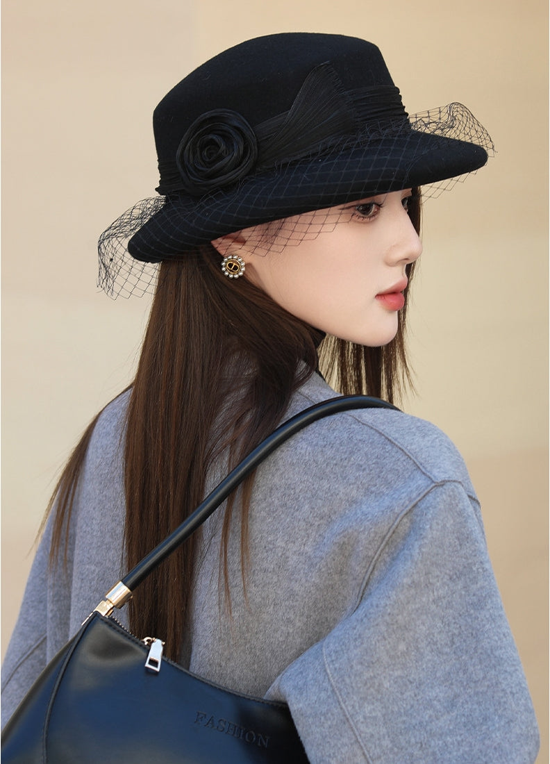 Wool Bowler Hat for Women - 100% Merino Wool with Rose & Veil Accent - AOA Fashion Accessories