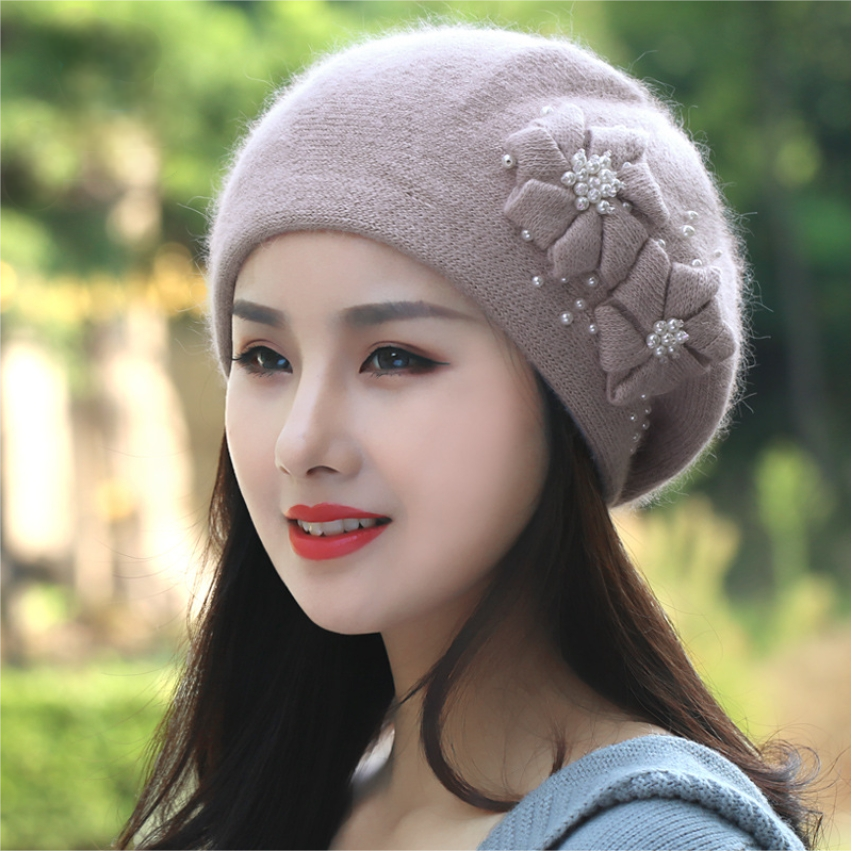 Women's Beret - With Floral Decoration and Beading - AOA Fashion Accessories