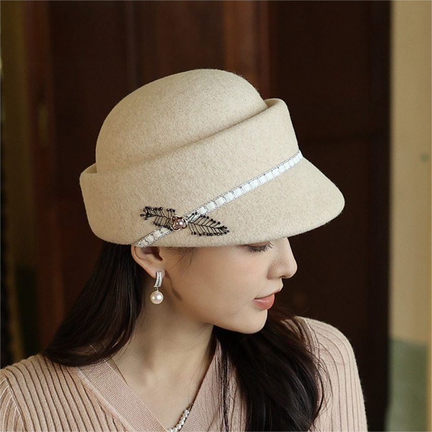 Womens Wool Cloche Hat - With Delicate Floral Decoration - AOA Fashion Accessories