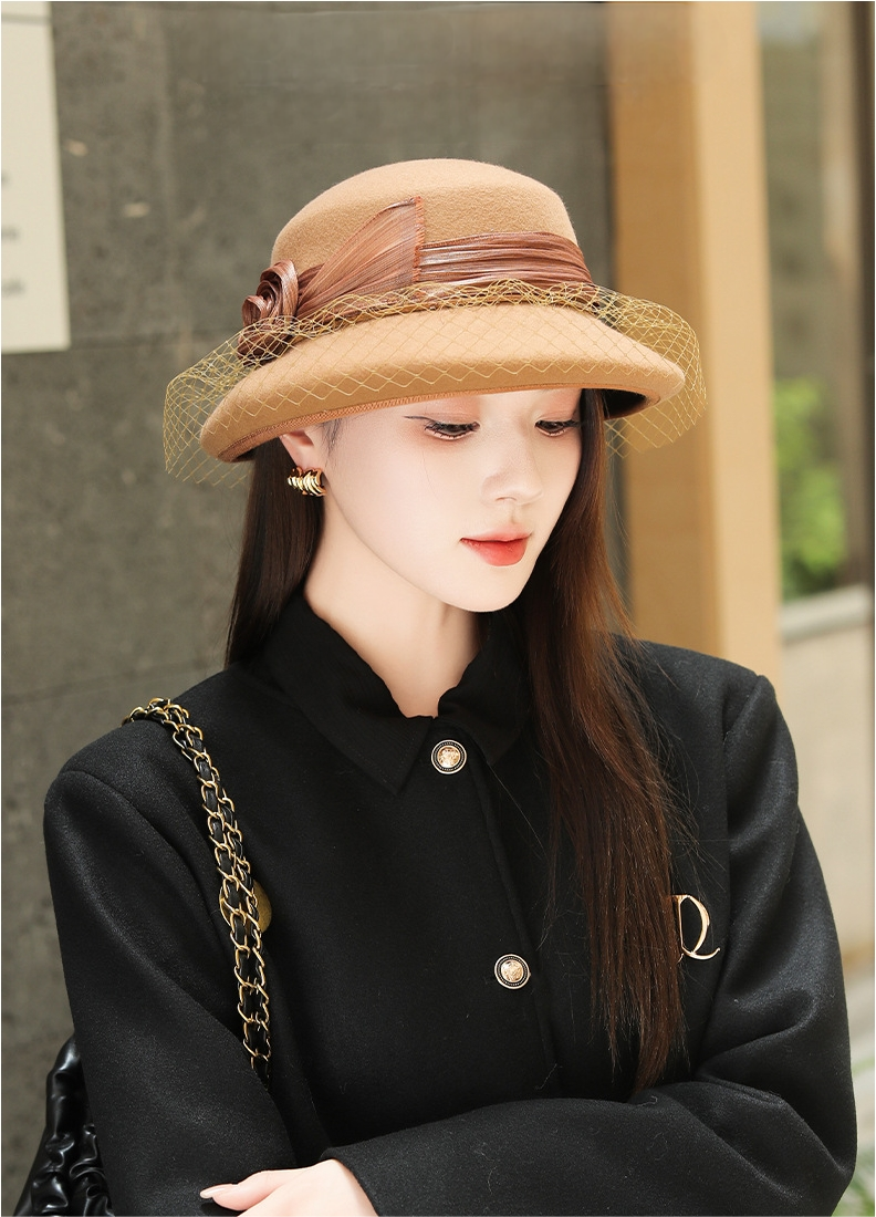 Wool Bowler Hat for Women - 100% Merino Wool with Rose & Veil Accent - OESLO