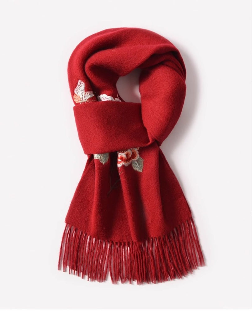 100% wool scarf for autumn and winter, Chinese style embroidered women's scarf, gift - AOA Fashion Accessories
