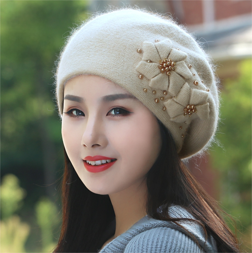 Women's Beret - With Floral Decoration and Beading - AOA Fashion Accessories