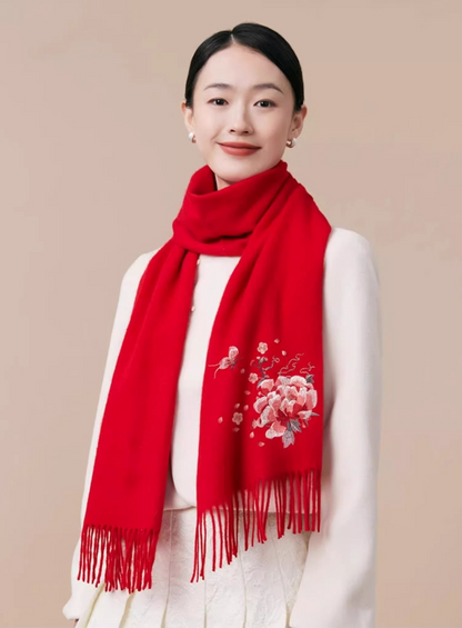 100% wool scarf for autumn and winter, Chinese style embroidered women's scarf, gift - AOA Fashion Accessories
