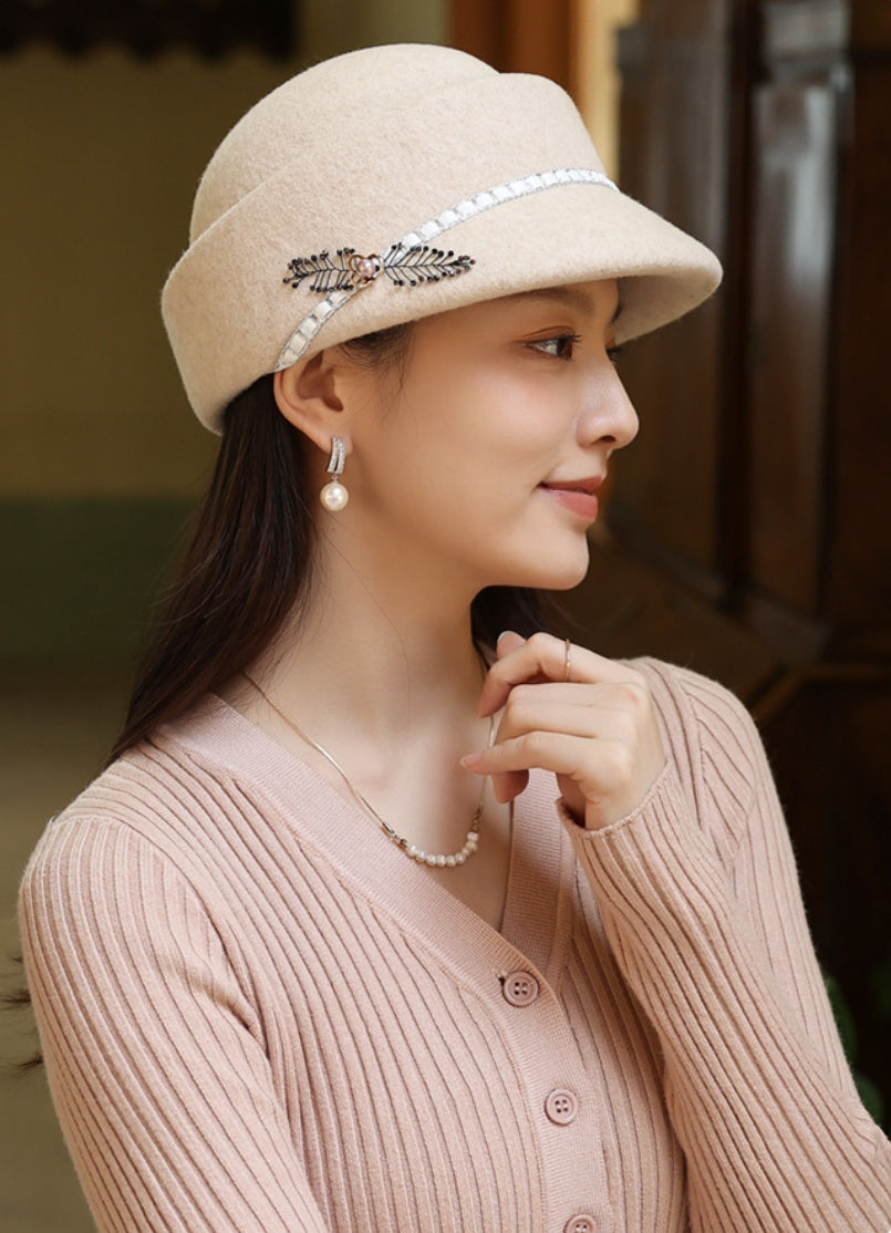 Womens Wool Cloche Hat - With Delicate Floral Decoration - AOA Fashion Accessories