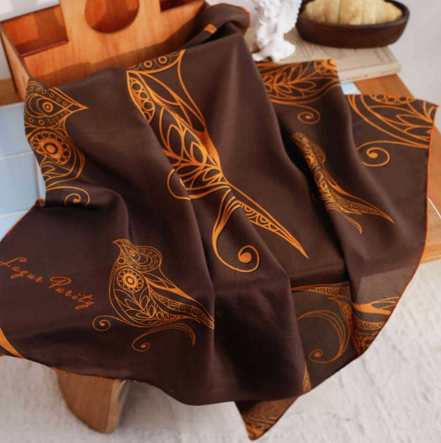 Silk Square Scarf - 65×65 cm Golden Bird Pattern - AOA Fashion Accessories