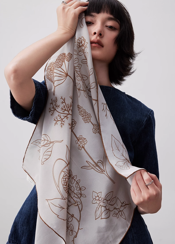 Botanical Print Silk Square Scarf - 65×65cm - AOA Fashion Accessories